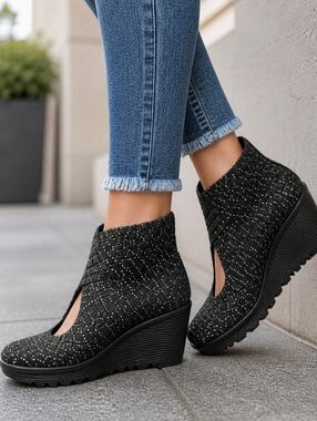 Bernie Mev Black Woven Cut-Out Wedge Booties Stretch Comfort Platform Shoes